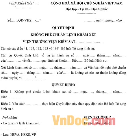 Mẫu quyết định không phê chuẩn lệnh khám xét