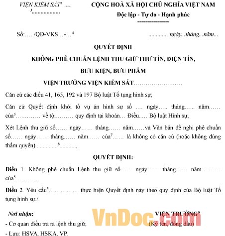 Mẫu quyết định không phê chuẩn lệnh thu giữ thư tín