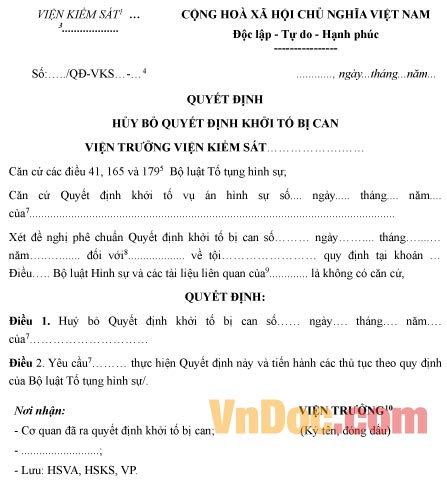 Mẫu quyết định hủy bỏ quyết định khởi tố bị can