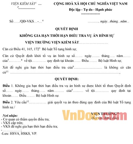 Mẫu quyết định không gia hạn thời hạn điều tra vụ án hình sự