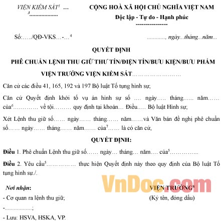 Mẫu quyết định phê chuẩn lệnh thu giữ thư tín