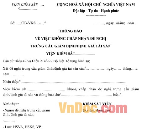 Mẫu thông báo không chấp nhận đề nghị trưng cầu giám định, định giá tài sản