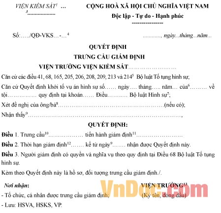 Mẫu quyết định trưng cầu giám định