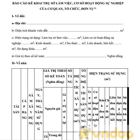Báo cáo kê khai trụ sở làm việc cơ sở hoạt động sự nghiệp