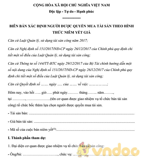 Biên bản xác định người được quyền mua tài sản theo hình thức niêm yết giá