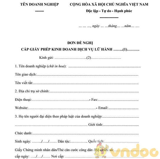 Đơn đề nghị cấp giấy phép kinh doanh dịch vụ lữ hành