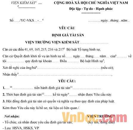 Mẫu yêu cầu định giá tài sản