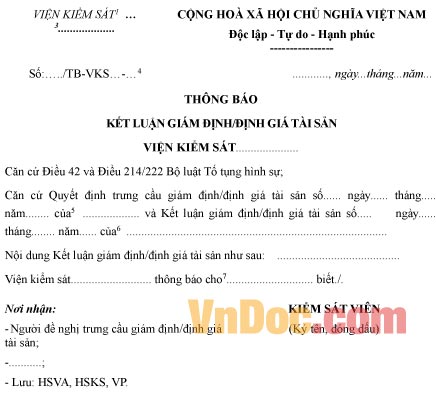 Mẫu thông báo kết luận giám định, định giá tài sản