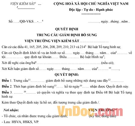 Mẫu quyết định trưng cầu giám định bổ sung