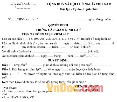 Mẫu quyết định trưng cầu giám định lại