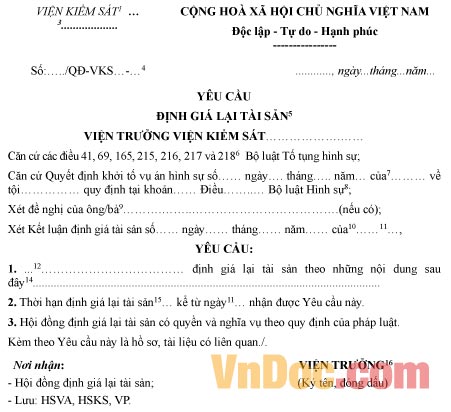 Mẫu yêu cầu định giá lại tài sản