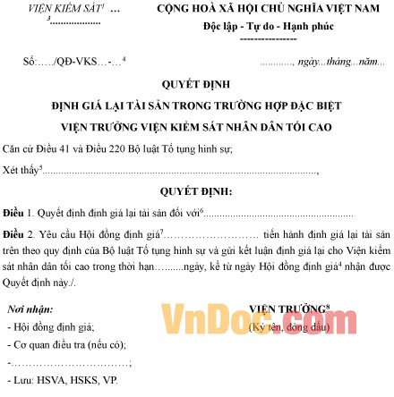 Mẫu quyết định định giá lại tài sản trong trường hợp đặc biệt