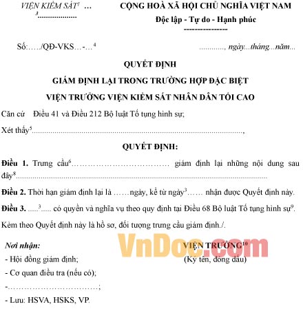 Mẫu quyết định giám định lại trong trường hợp đặc biệt