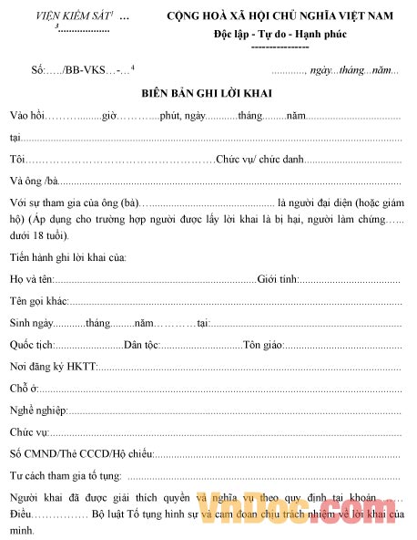 Mẫu biên bản ghi lời khai