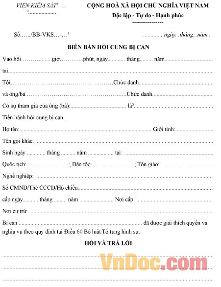 Mẫu biên bản hỏi cung bị can