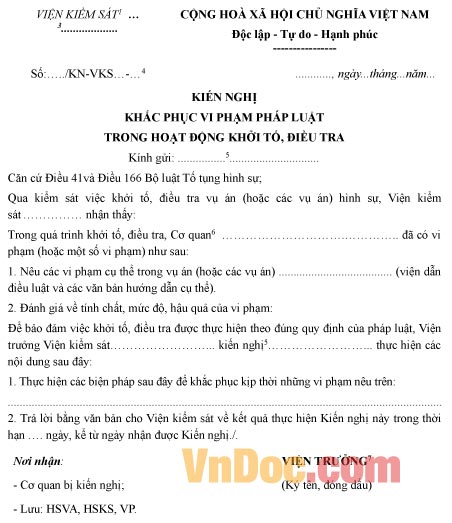 Mẫu kiến nghị khắc phục vi phạm pháp luật trong hoạt động khởi tố, điều tra