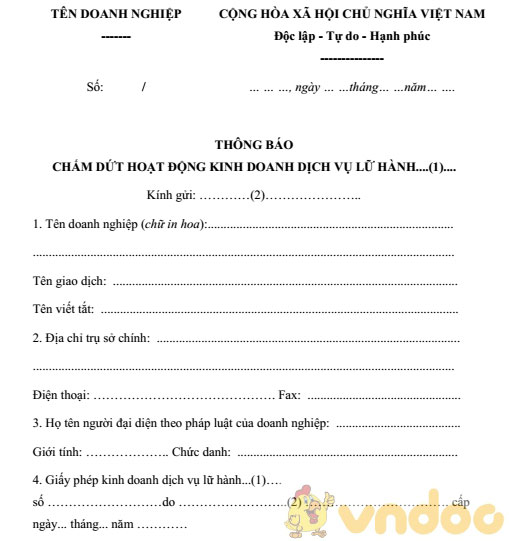 Mẫu thông báo chấm dứt hoạt động kinh doanh dịch vụ lữ hành