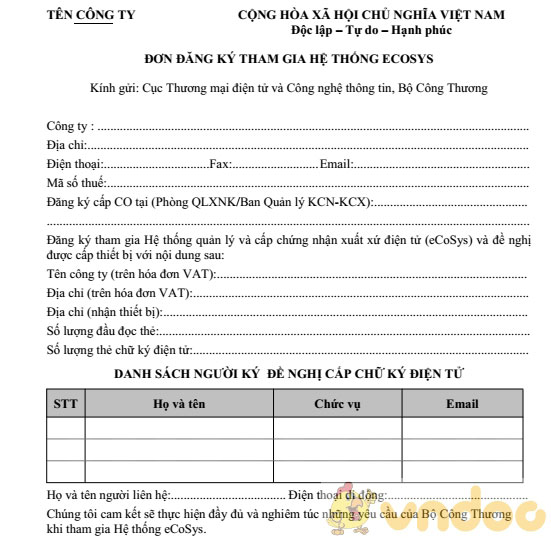 Đơn đăng ký tham gia hệ thống Ecosys