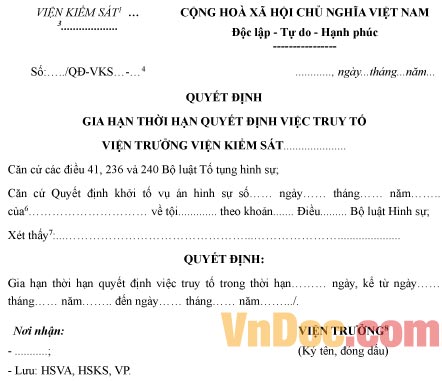 Mẫu quyết định gia hạn thời hạn quyết định việc truy tố