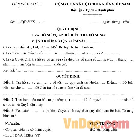 Mẫu quyết định trả hồ sơ vụ án để điều tra bổ sung