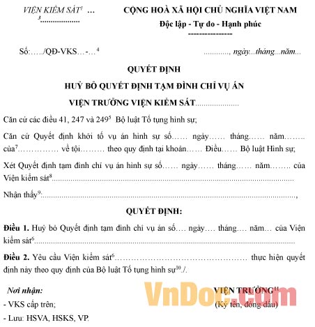 Mẫu quyết định hủy bỏ quyết định tạm đình chỉ vụ án