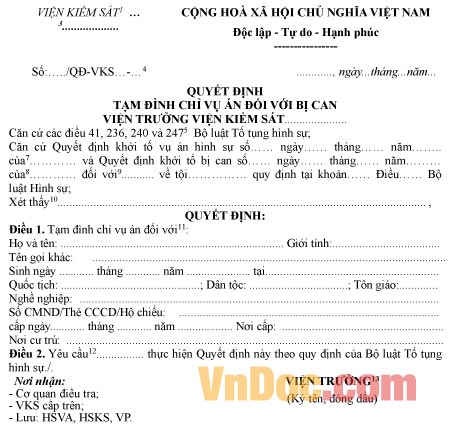 Mẫu quyết định tạm đình chỉ vụ án đối với bị can