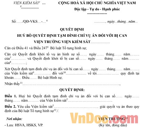 Mẫu quyết định hủy bỏ quyết định tạm đình chỉ vụ án đối với bị can
