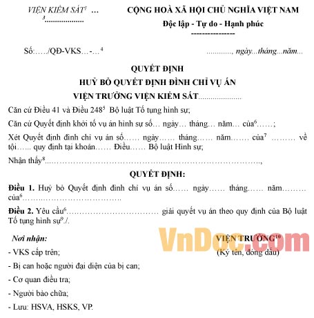 Mẫu quyết định hủy bỏ quyết định đình chỉ vụ án