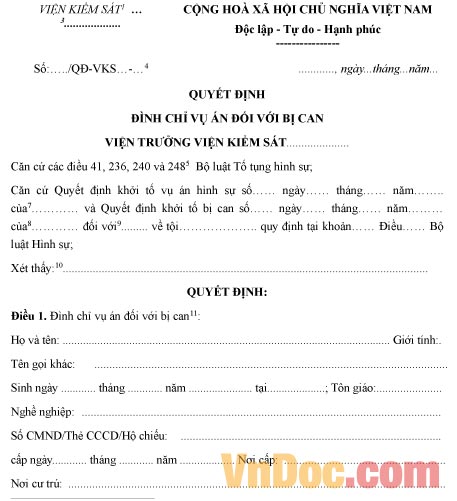 Mẫu quyết định đình chỉ vụ án đối với bị can