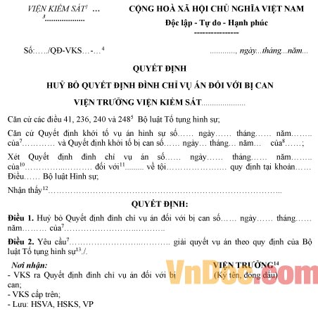 Mẫu quyết định hủy bỏ quyết định đình chỉ vụ án đối với bị can