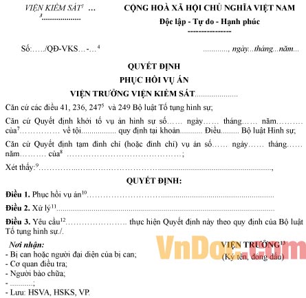 Mẫu quyết định phục hồi vụ án