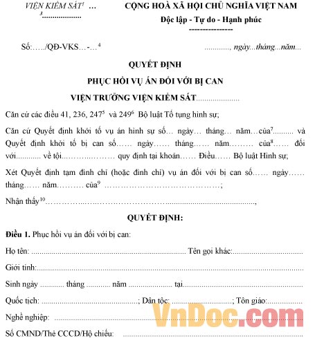 Mẫu quyết định phục hồi vụ án đối với bị can