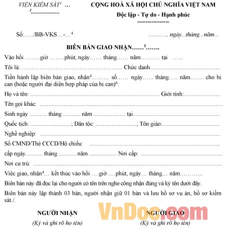 Mẫu biên bản giao nhận cáo trạng