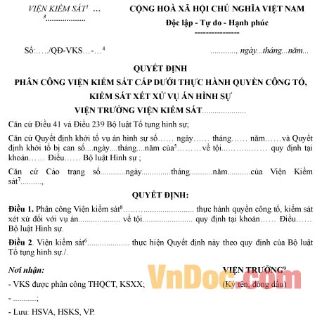 Mẫu quyết định phân công viện kiểm sát cấp dưới thực hành quyền công tố