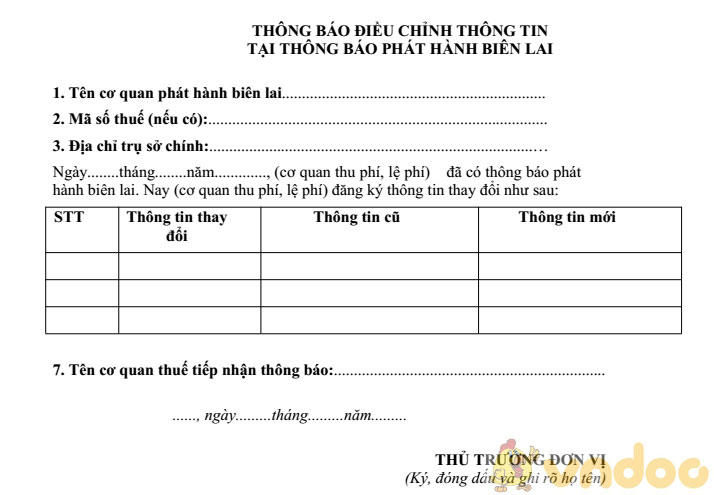 Mẫu thông báo điều chỉnh thông tin biên lai