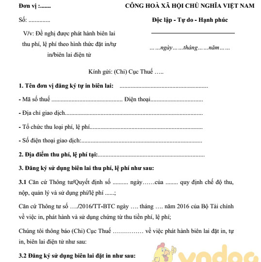 Mẫu thông báo phát hành biên lai thu tiền phí, lệ phí
