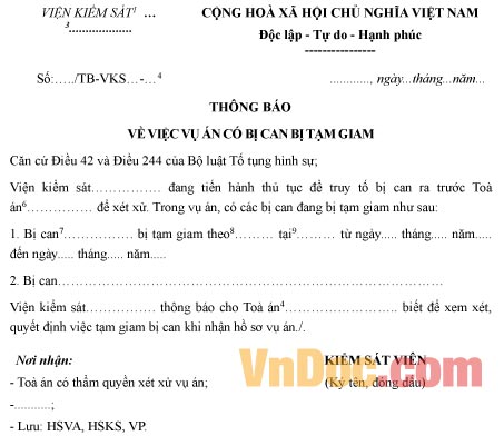 Mẫu thông báo vụ án có bị can bị tạm giam
