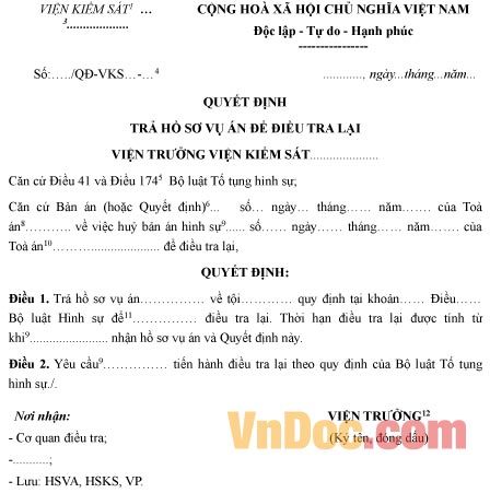 Mẫu quyết định trả hồ sơ vụ án để điều tra lại