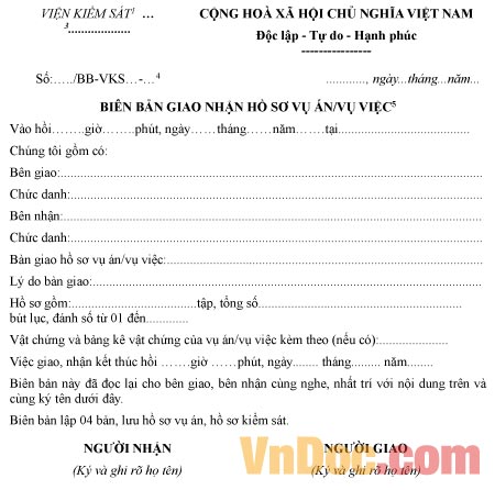 Mẫu biên bản giao nhận hồ sơ vụ án, vụ việc