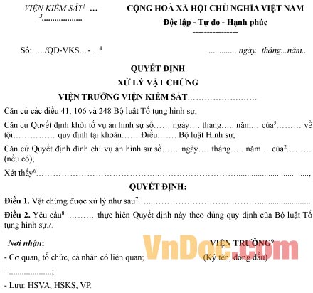 Mẫu quyết định xử lý vật chứng