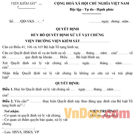 Mẫu quyết định hủy bỏ quyết định xử lý vật chứng