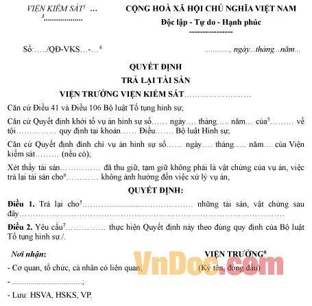 Mẫu quyết định trả lại tài sản