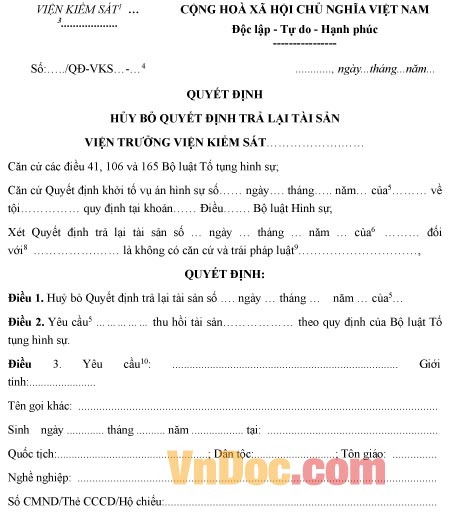 Mẫu quyết định hủy bỏ quyết định trả lại tài sản