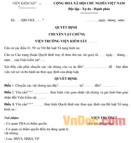 Mẫu quyết định chuyển vật chứng