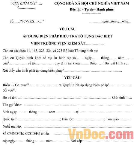 Mẫu yêu cầu áp dụng biện pháp điều tra tố tụng đặc biệt