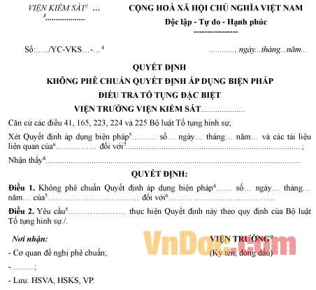 Mẫu quyết định không phê chuẩn quyết định áp dụng biện pháp điều tra tố tụng đặc biệt