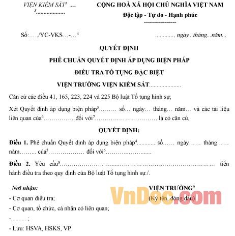 Mẫu quyết định phê chuẩn quyết định áp dụng biện pháp điều tra tố tụng đặc biệt