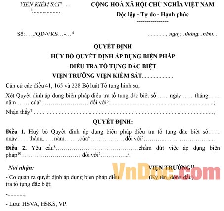 Mẫu quyết định hủy bỏ quyết định áp dụng biện pháp điều tra tố tụng đặc biệt