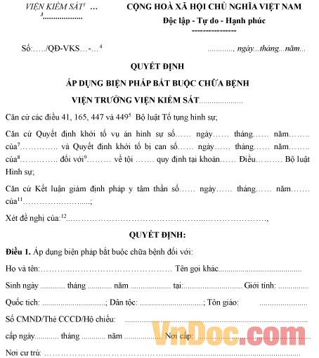 Mẫu quyết định áp dụng biện pháp bắt buộc chữa bệnh