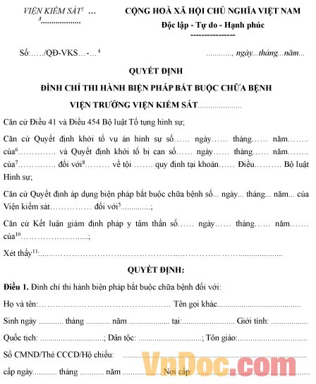 Mẫu quyết định đình chỉ thi hành biện pháp bắt buộc chữa bệnh